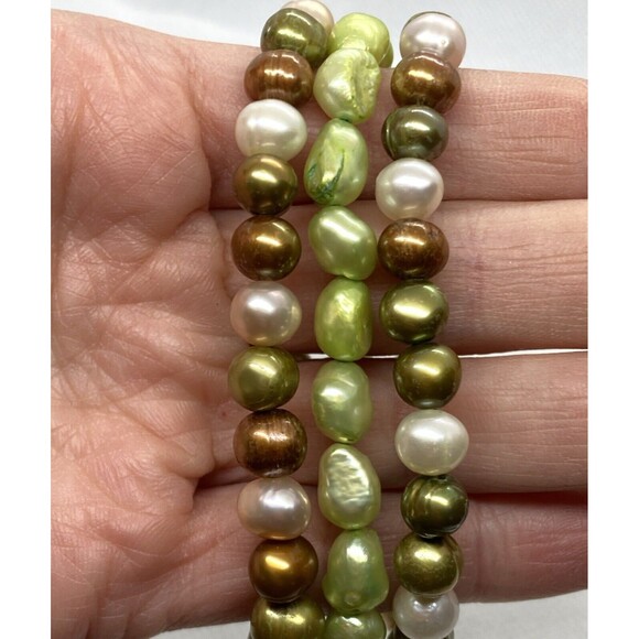 Freshwater Pearl Strand Stretchy Bracelet Lot of (3) Green White Brown 7-7.5'' - Picture 3 of 6
